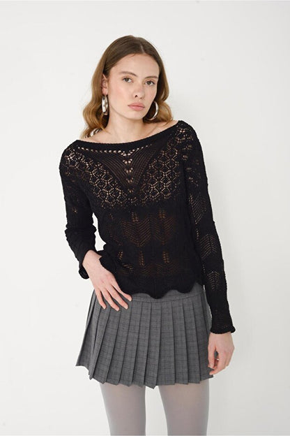 Black Openwork Knitwear Sweater