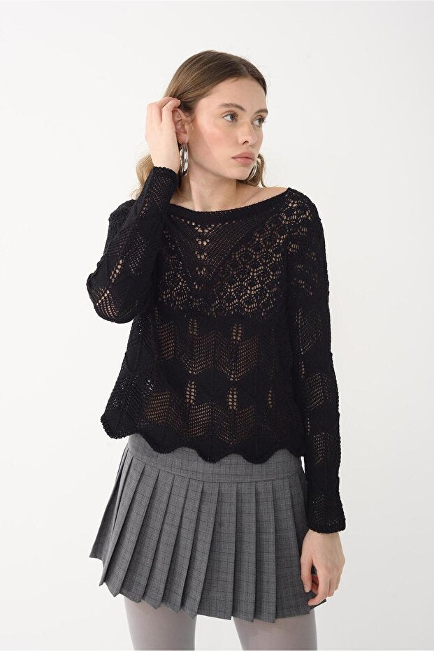 Black Openwork Knitwear Sweater