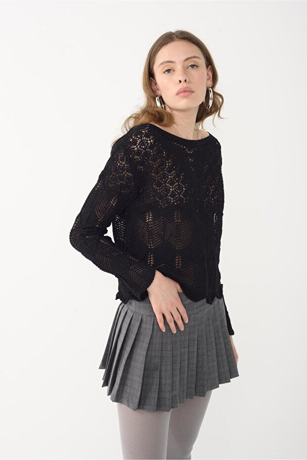 Black Openwork Knitwear Sweater