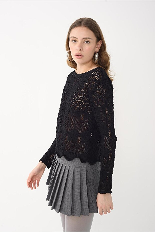 Black Openwork Knitwear Sweater