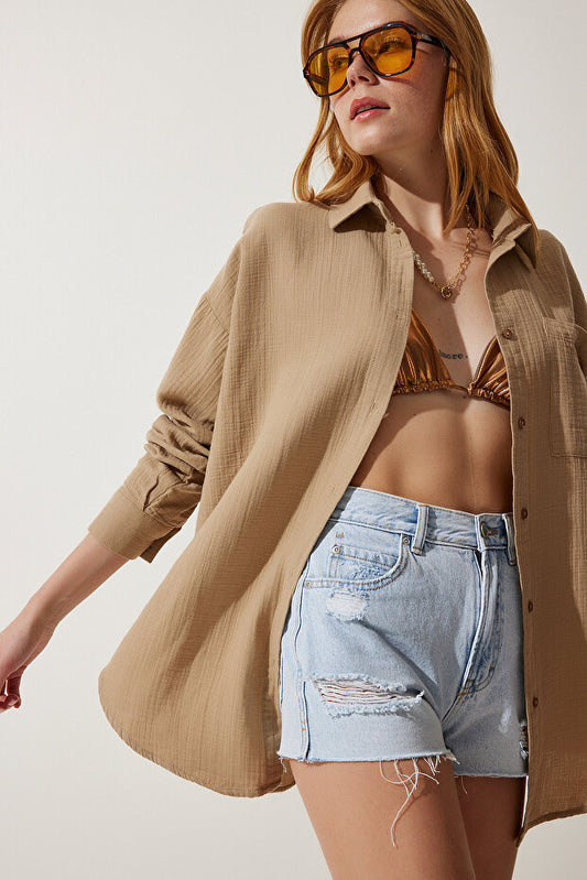 Happiness İstanbul Women's Beige Oversize Muslin Shirt with Pockets